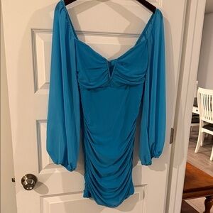 Blue Ruched Off Shoulder Sheer Sleeve BodyCon Formal Party Mini Dress Large